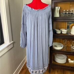 Knox Rose Blue Off Shoulder Boho Peasant Embroidered Hem Dress Size XL